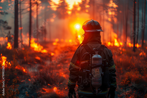 A firefighter in protective gear and an oxygen tank walks through a blazing forest. A scene of a forest fire where nature preservation is crucial. Generative AI.