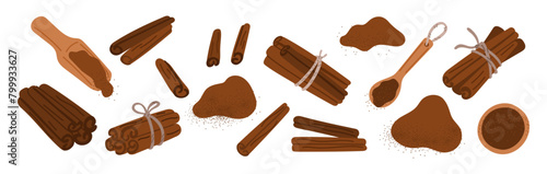 Cinnamon sticks and powder. Organic aroma product. Sweet cooking dry spices. Desserts seasoning. Bakery and coffee condiment. Culinary ingredient. Gourmet spicy taste. Garish vector set