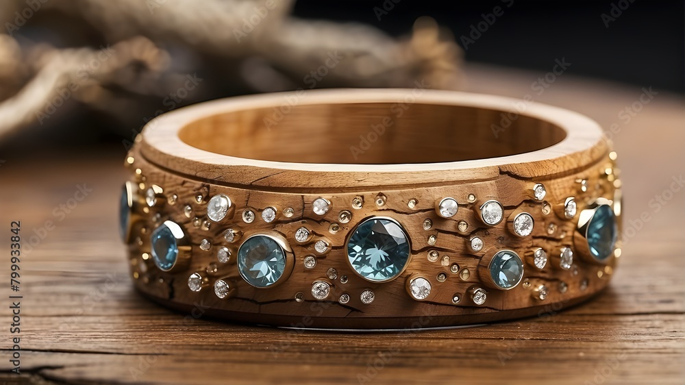 : A rustic wooden ring adorned with tiny crystals, adding a touch of sparkle to its earthy charm. : A rustic wooden ring adorned with tiny crystals, adding a touch of sparkle to its earthy charm.