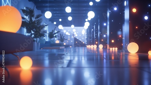 Modern futuristic interior with glowing spheres and palms, under a blue-tone lighting ambiance with reflections on tiled floor.
