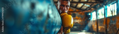 A boxer is peeking around a corner, wearing boxing gloves and a determined look on his face.
