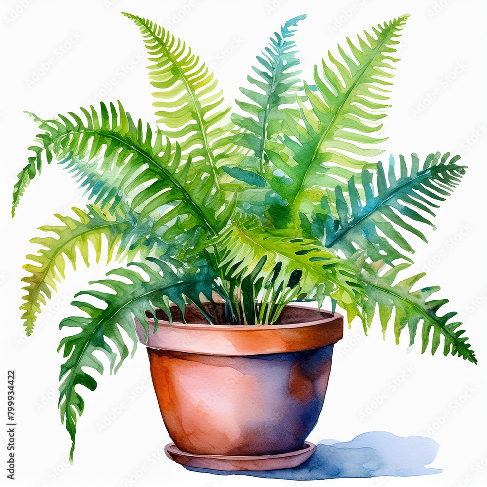 Watercolor painting of Boston fern in pot. Home garden. Green houseplant. Abstract hand drawn art Watercolor painting of Boston fern in pot. Home garden. Green houseplant. Abstract hand drawn art