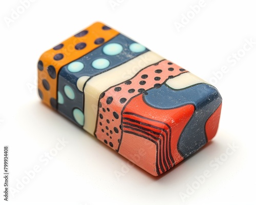 Colorful, abstract ceramic sculpture with geometric shapes and polka dots. photo