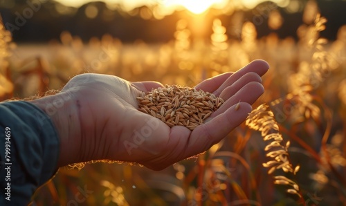 A hand holding native grass seed at sunrise at a hunting plantation in southern North Carolina photo