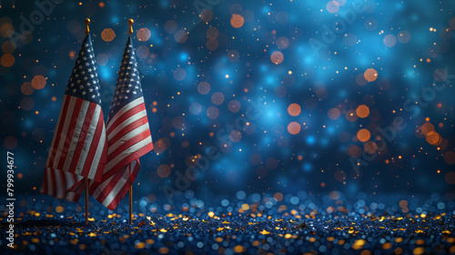 American Flags with Bokeh Light Background