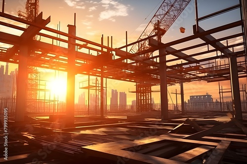 site at sunset, Construction site and sunset structural steel beam build large residential buildings Generative AI 