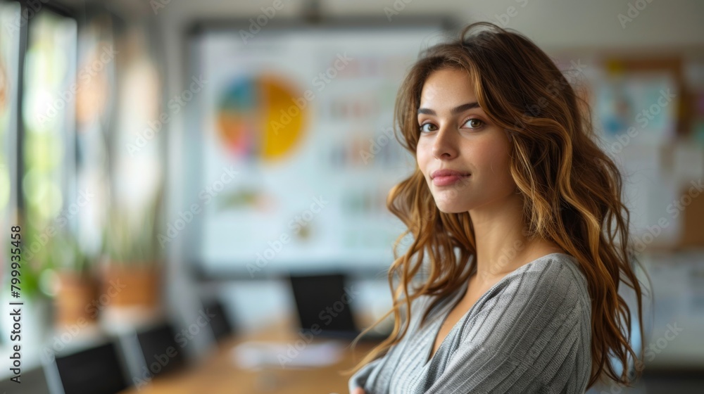 A confident businesswoman giving a presentation to clients, showcasing her expertise and knowledge in the industry. A confident businesswoman giving a presentation to clients, showcasing her expertise and knowledge in the industry.