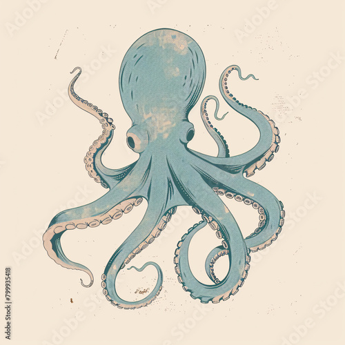 a detailed Vintage Style illustration of a octopus is set against a soft, neutral background photo