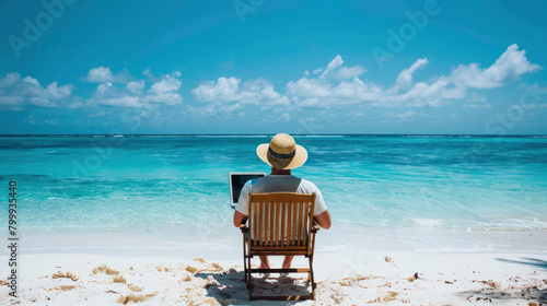 Fototapeta Naklejka Na Ścianę i Meble -  Remote work concept working from the beach