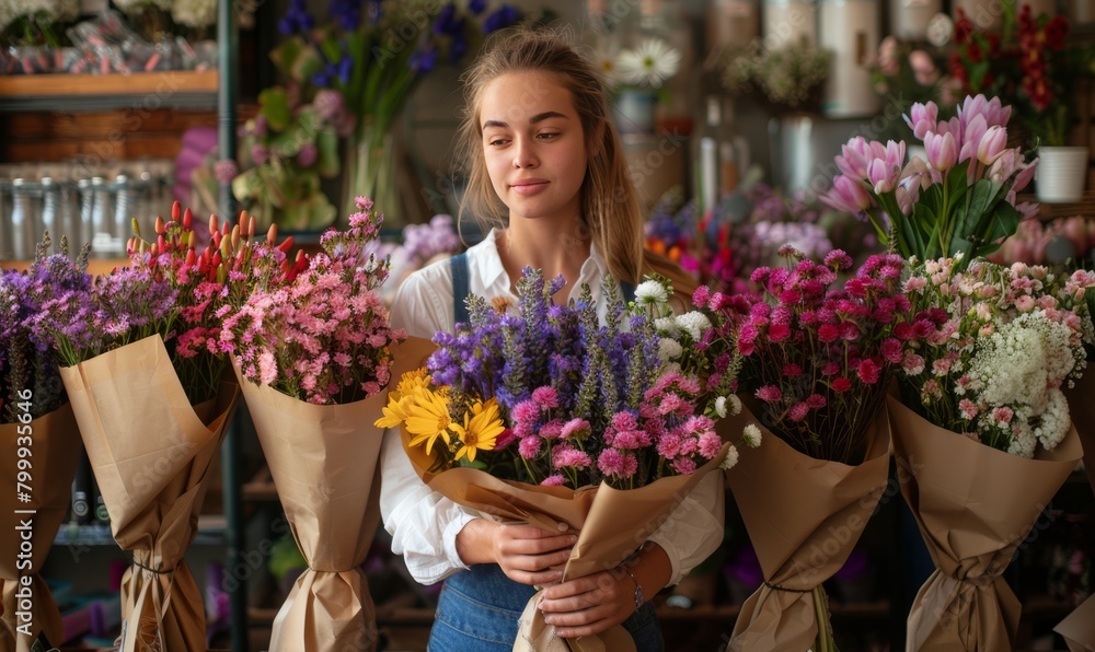 Female florist wrapping in craft paper beautiful bouquets