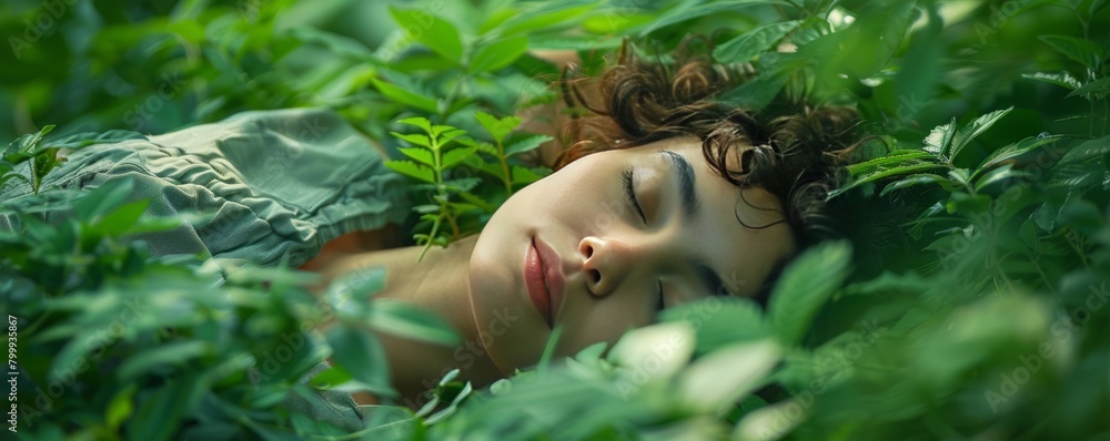 Woman lying down and sleeping in a large green tree or bush in the forest Woman lying down and sleeping in a large green tree or bush in the forest