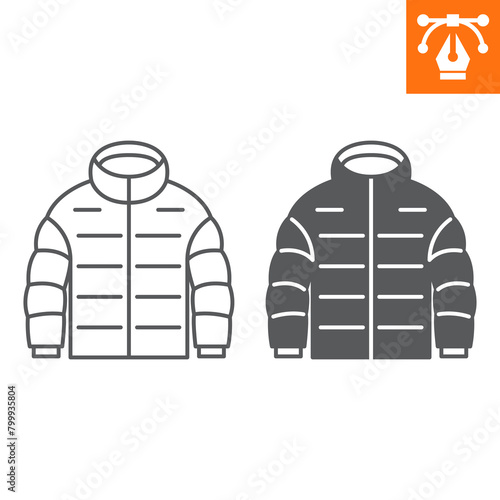 Down jacket line and solid icon, outline style icon for web site or mobile app, clothes and shopping, winter jacket vector icon, simple vector illustration, vector graphics with editable strokes.