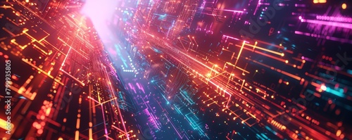 abstract illustration of geometric shapes and structures in colorful neon colors and lights in cyberspace against dark background