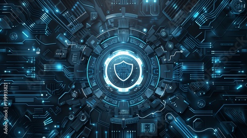 Futuristic blue cyber security concept with a shield symbol centered on a digital interface. photo