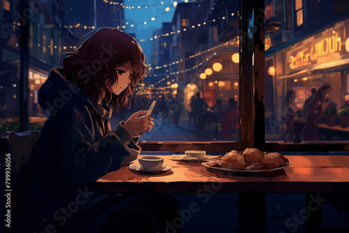 Anime illustration of a woman using a handphone in a cafe with a crowded people on street background.