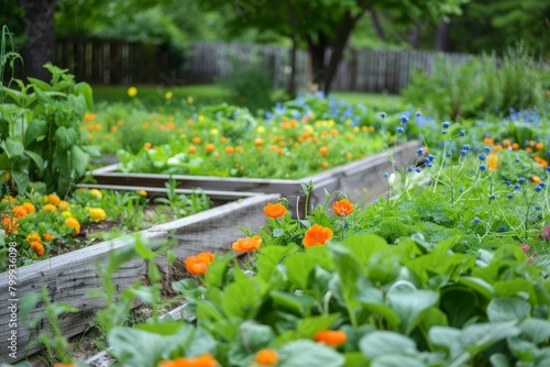The lush garden is bustling with life, with bright orange flowers and soft blue inflorescences dotting the verdant beds.