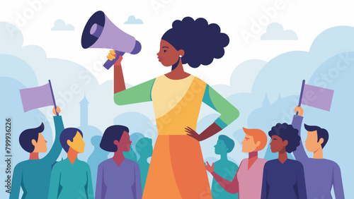 An empowering illustration of a person holding a megaphone standing in front of a crowd at a Juneteenth advocacy workshop ready to speak out and make. Vector illustration