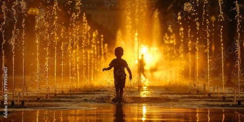 Anonymous silhouette of a child runs through the mist of a city fountain as the sun descends, casting a warm, golden glow over the urban landscape