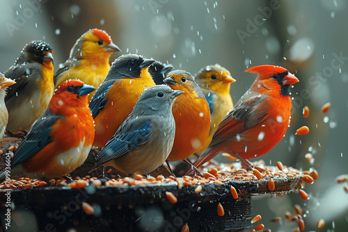 A group of chirping birds flocking to a feeder filled with premium sunflower seeds. photo
