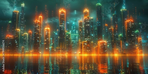 Sci-fi Cityscape with Orange and Green Neon lights. Night scene with Visionary Skyscrapers © Coosh448