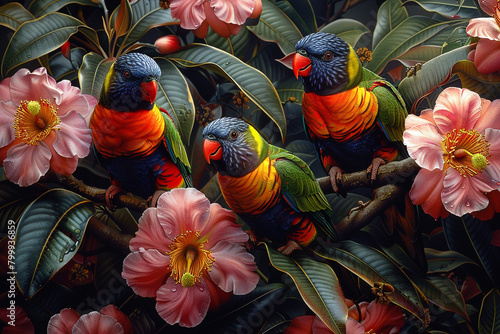 A group of colorful lorikeets feeding on blossoms in a tropical garden, their rainbow-colored plumage a dazzling sight. photo