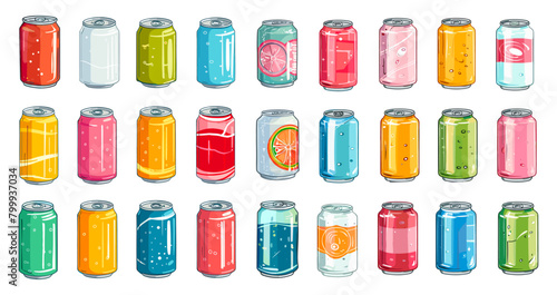 Cartoon soda cans, colourful aluminium metallic can fizzy refreshment drinks with fresh juice, energy carbonated drink sugar favor cola lemonade fast food set vector illustration