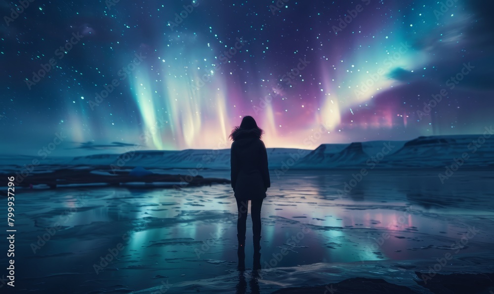 Fototapeta premium person and northern light