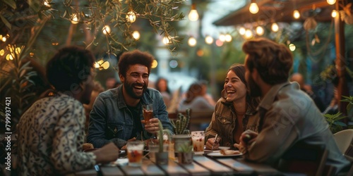 group of joyful friends enjoying an evening together at an outdoor cafe laughing and sharing a lighthearted moment
