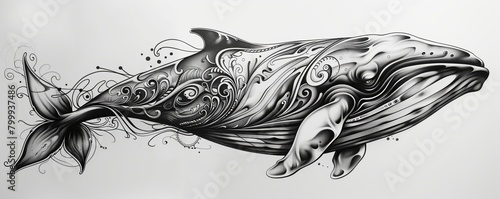 Abstract whale tattoo design with patterns and swirl