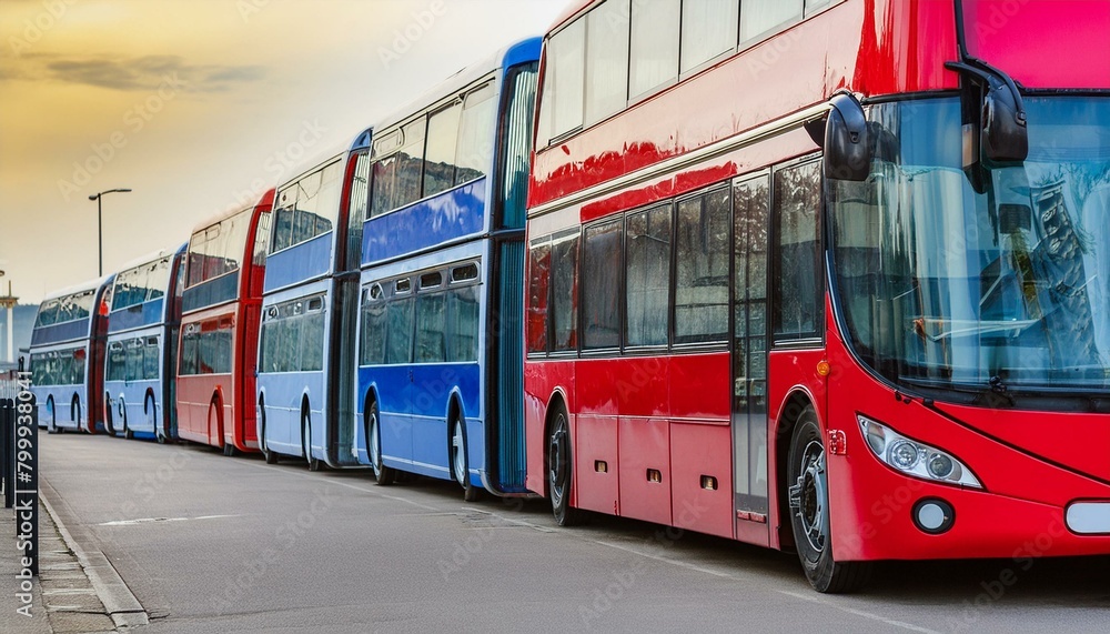 Red Blue double decker buses are parked at the bus stop close-up