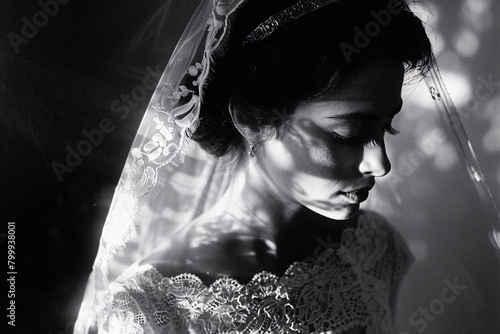 The photo captures a veiled bride in a monochrome palette, symbolizing the purity, mystery, and timeless essence of a wedding day photo