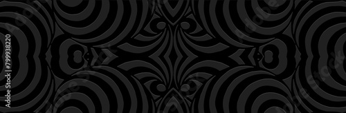 Banner. Relief geometric abstract linear 3D pattern on a black background. Ornaments, ethnic cover design, handmade. Boho motifs, unique exoticism of the East, Asia, India, Mexico, Aztec, Peru.