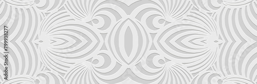 Banner. Relief geometric artistic linear 3D pattern on a white background. Ornaments, ethnic cover design, handmade. Boho motifs, unique exoticism of the East, Asia, India, Mexico, Aztec, Peru.