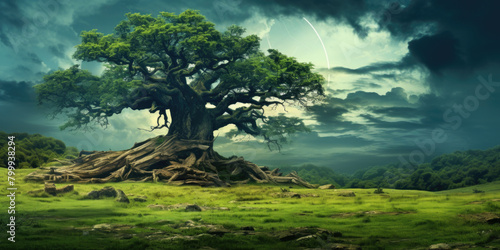 Lonely green oak tree in the field