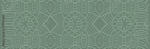 Banner. Relief geometric 3D pattern on a pastel green background. Ornaments, ethnic cover design, handmade. Boho motifs, unique exoticism of the East, Asia, India, Mexico, Aztec, Peru.