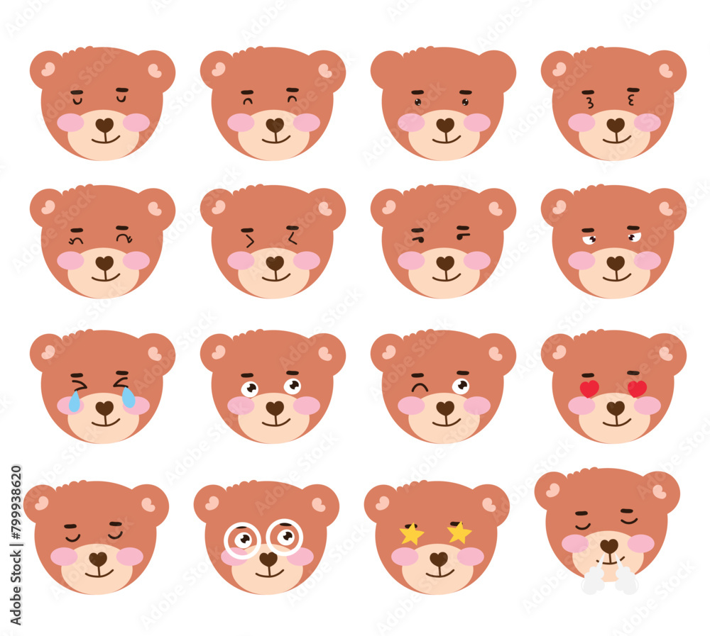 set of head little bear sticker emoticon isolated on white background. set of head little bear sticker emoticon isolated on white background.
