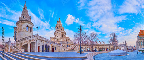 Panorama of Fisherman's Bastion from Holy Trinity Square, Budapest, Hungary