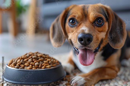A happy beagle wagging its tail while enjoying a bowl of wholesome lamb and rice kibble.