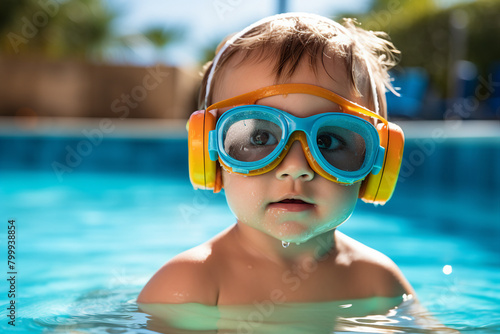 Image of cute child enjoying swimming lessons in the pool generative AI concept