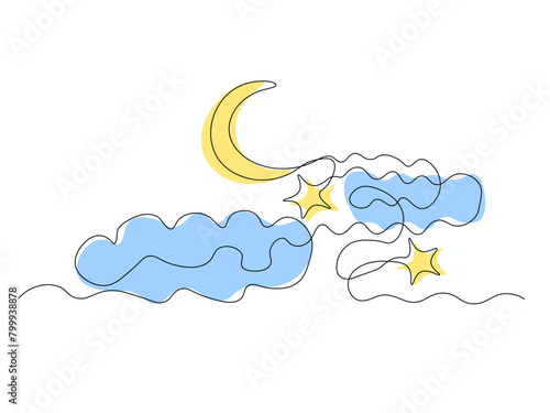 The moon is in the sky in the clouds,Logo, continuous single line art hand drawing sketch