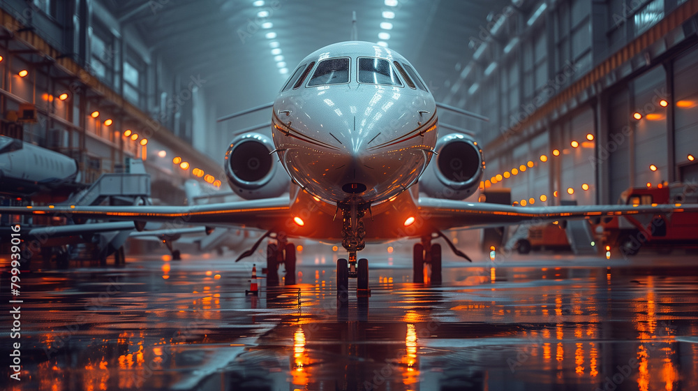 Commercial jet in illuminated hangar, moody ambiance. Commercial jet in illuminated hangar, moody ambiance.