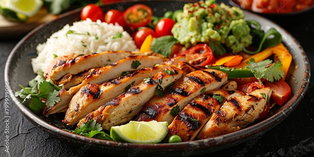 Prepared meals of grilled chicken, white rice, roasted vegetables, and guacamole