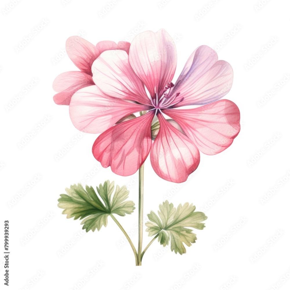 Obraz premium Geranium flower watercolor illustration. Floral blooming blossom painting on white background