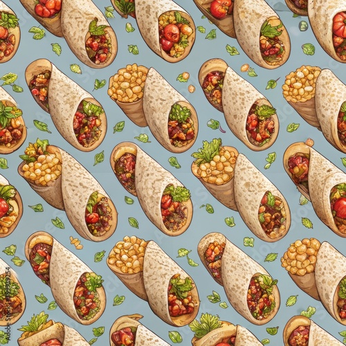 Seamless pattern of zesty burritos stuffed with rice, beans, and flavorful meats, Generative AI