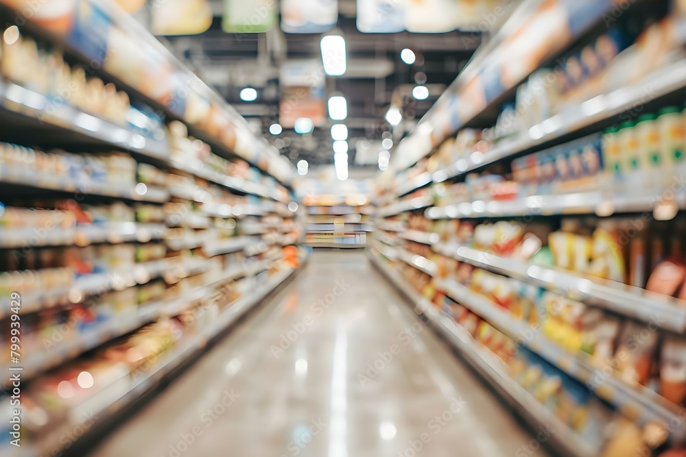 A Spacious Grocery Store with Fully Stocked Shelves in a Blurry Interior. Concept Supermarket Photography, Fresh Produce, Abundance of Goods, Interior Store Display, Grocery Shopping