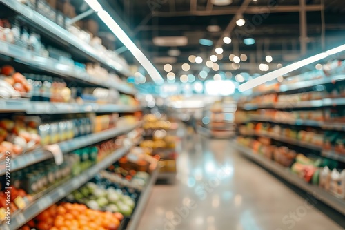 Blurry interior of a spacious grocery store with fully stocked shelves. Concept Grocery Store, Blurry Interior, Fully Stocked Shelves, Spacious Layout photo