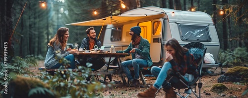 group of cheerful female and male friends sitting at table near caravan and laughing during road trip in forest