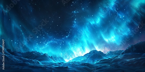 Majestic Sky with Aurora and Stars. Blue Northern Lights Background with copy-space.