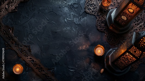 Elegant Ramadan-themed still life with ornate lanterns and candles on a textured dark background.