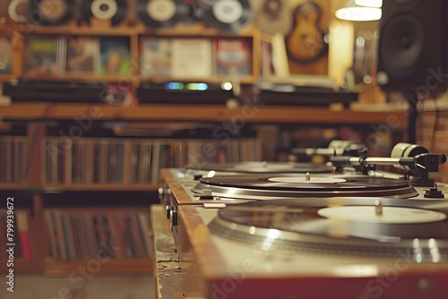 Exploring the Interior of a Music Store with Turntables, Vinyl Records, and Wooden Shelves. Concept Music Store, Interior Design, Turntables, Vinyl Records, Wooden Shelves photo